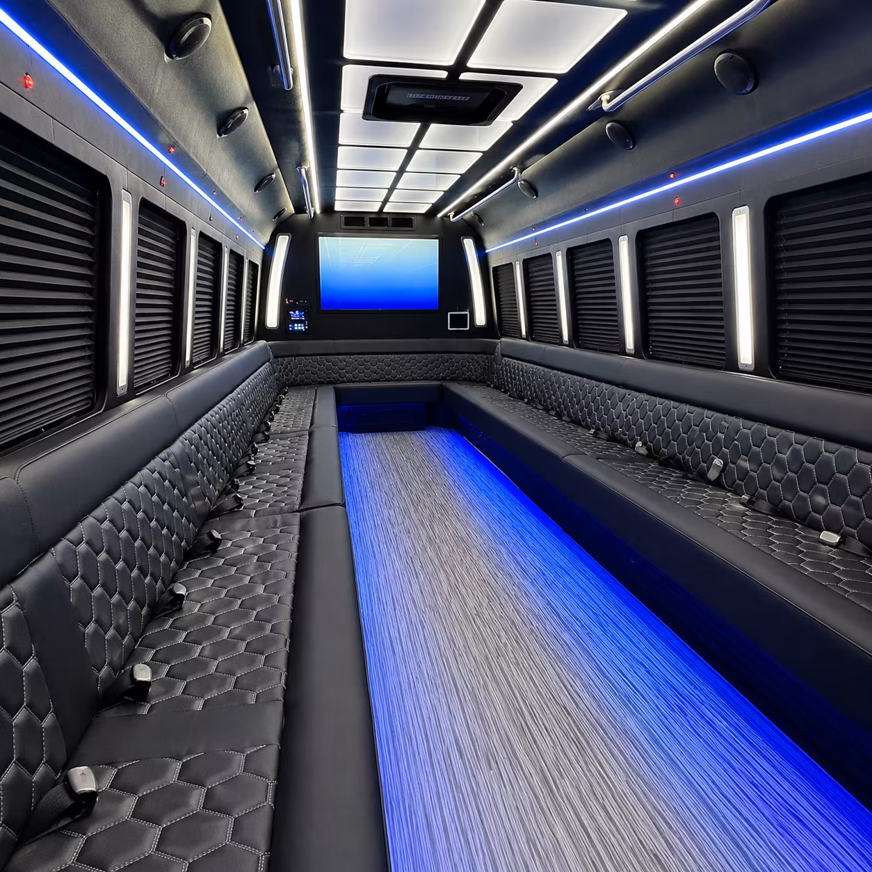 bellflower 50 passenger party bus inside